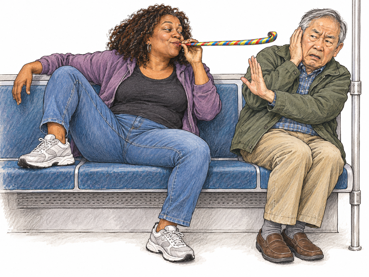 An inconsiderate passenger blows a party horn directly beside another passenger’s ear while sprawling across a shared bench; the disturbed passenger recoils and covers his ear.