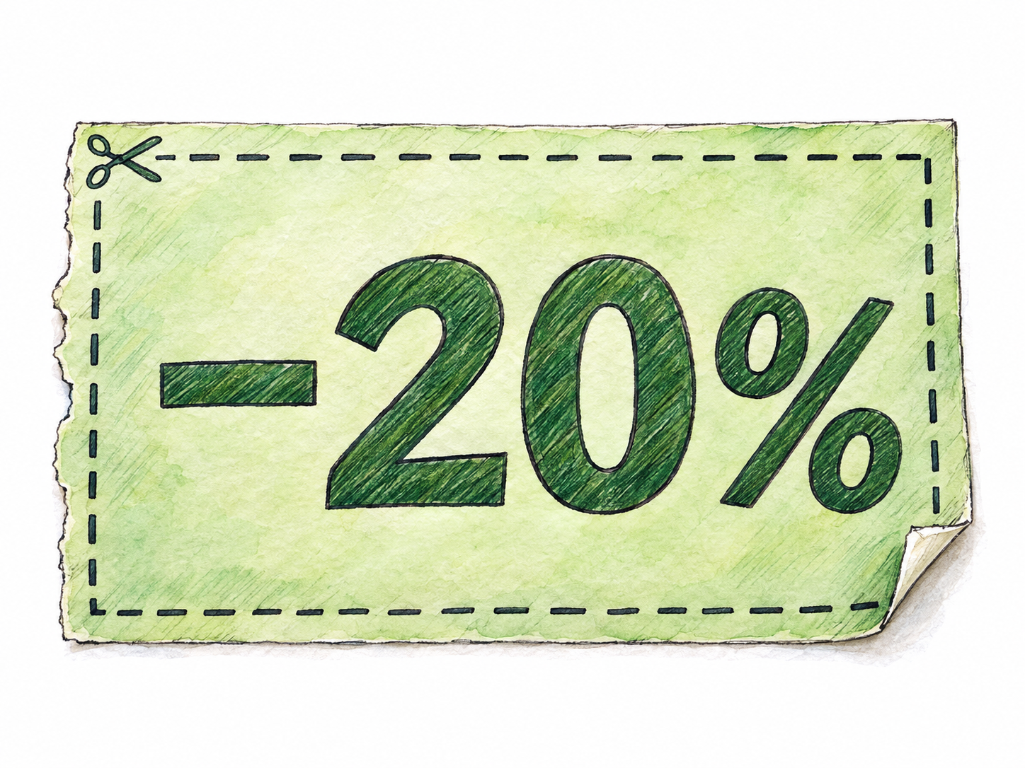 A tangible clipped discount voucher bearing the intrinsic offer marking “−20%,” a dashed cutting border, and a small scissors symbol.