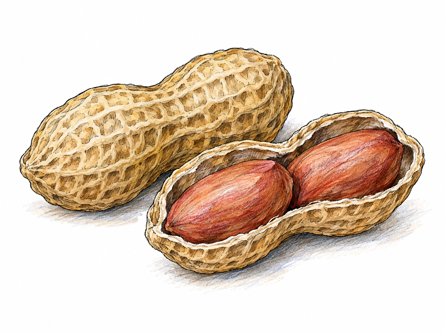 A close, simple still life of peanuts: one intact ridged shell beside a split shell exposing two reddish-brown kernels.