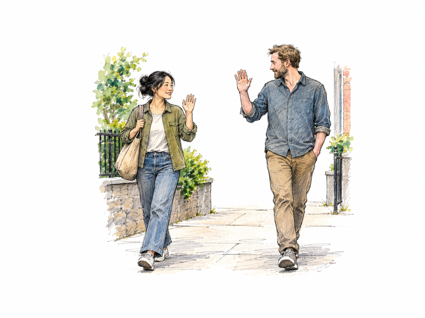 Two neighbors who know each other only slightly exchange a brief friendly wave while passing, no intimate embrace or close shared activity.