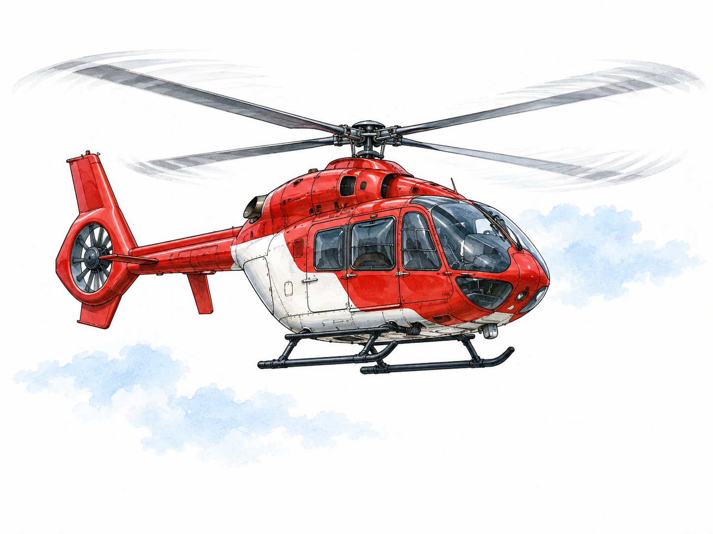 A rescue helicopter flies in clear sky with realistic rotor and tail configuration, no people in danger.