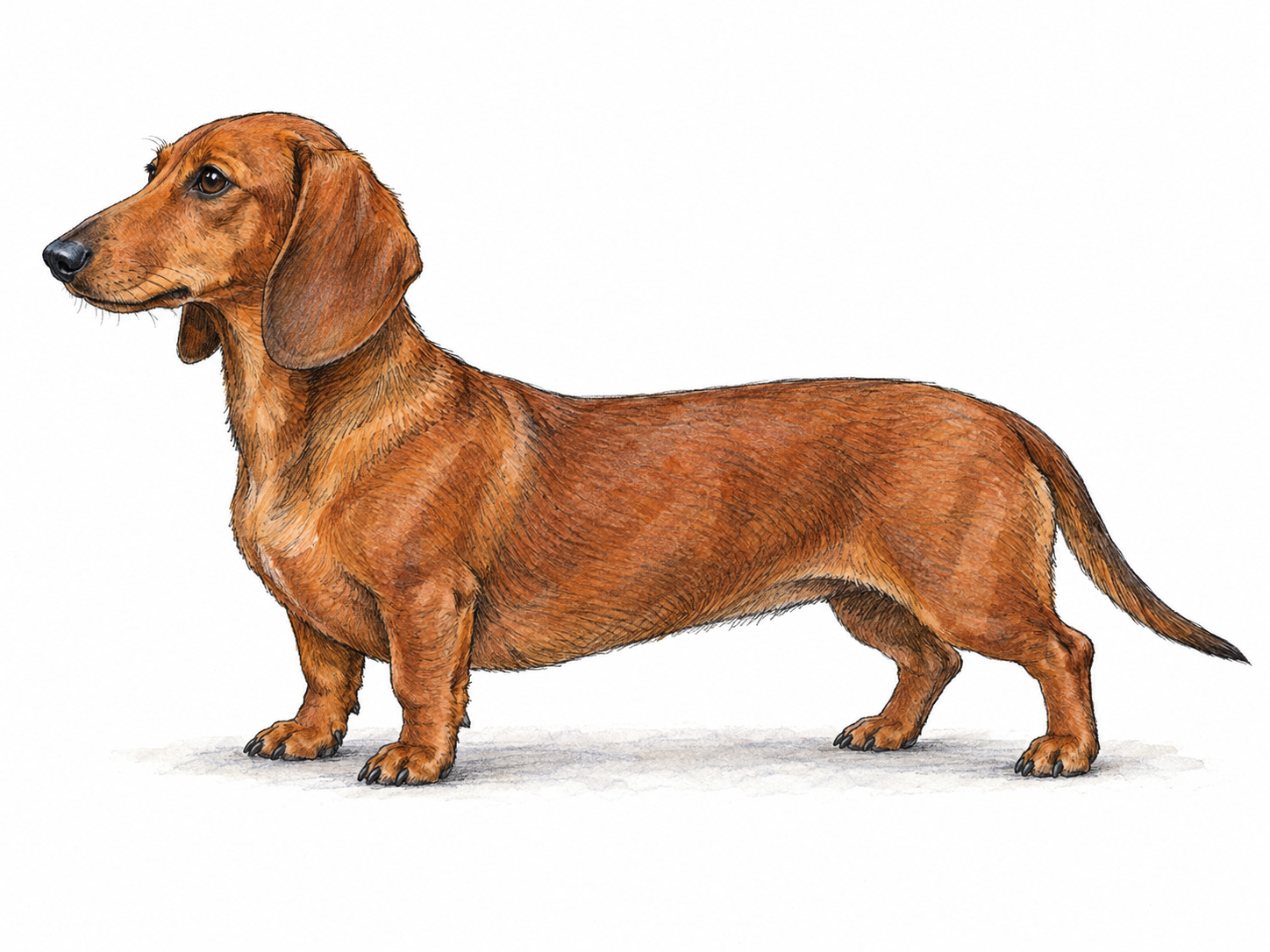 A single smooth-coated dachshund standing in side profile, clearly showing its small size, elongated body and very short legs.