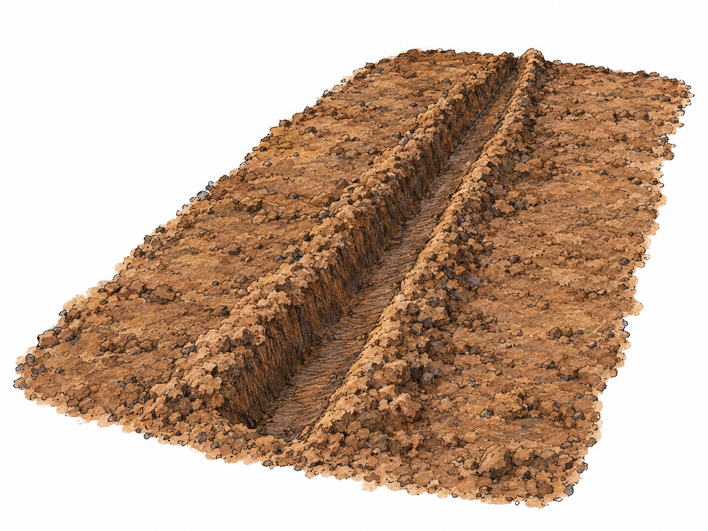 An oblique close view of a patch of cultivated earth with one long, narrow, straight furrow.