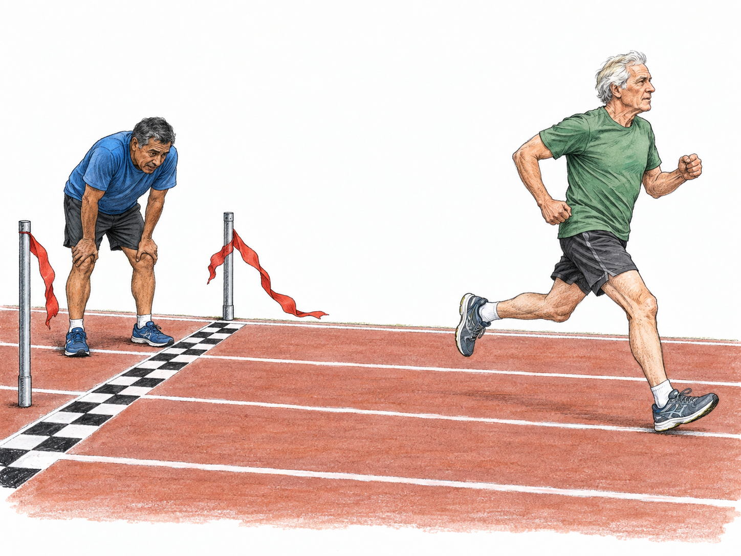 A runner continues running well beyond a race finish while another runner has stopped at the line to recover.