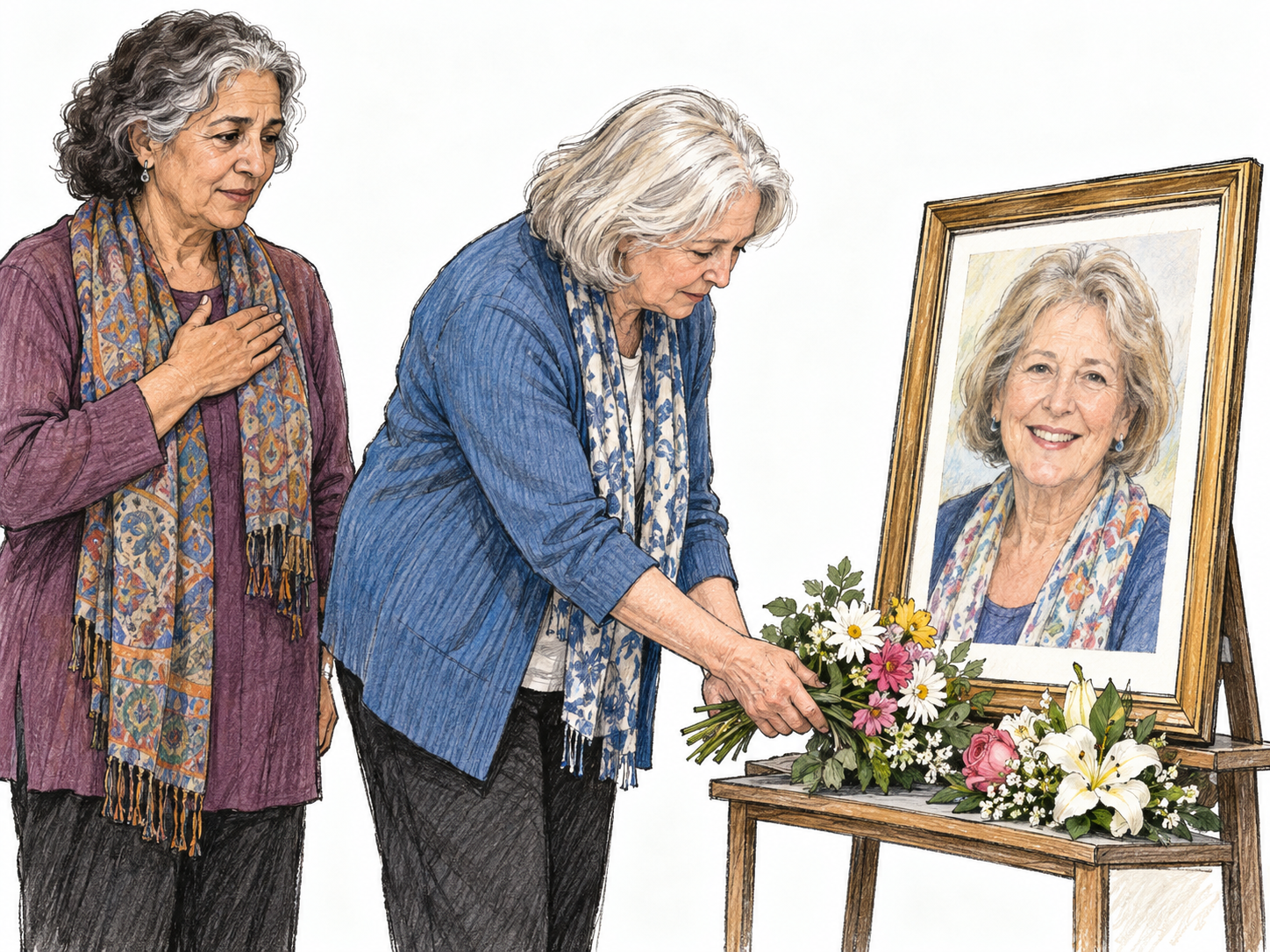Two older women pay tribute to a deceased friend by placing flowers beneath her framed portrait, with a hand-over-heart gesture reinforcing respect.