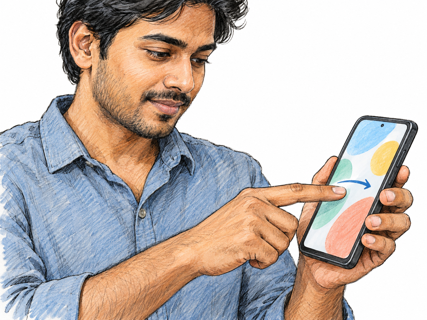 A young adult South Asian man slides his index finger quickly across a smartphone screen, with a short drawn motion stroke making the sideways swipe clear.