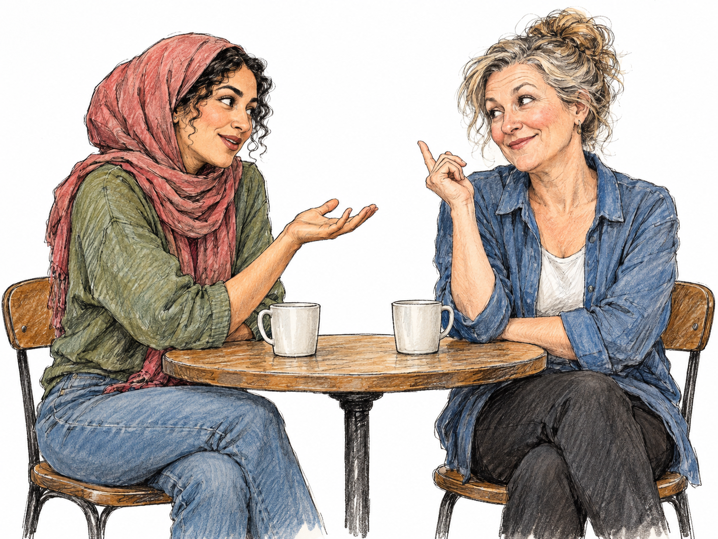 Two women exchange quick, playful remarks across a small café table: the younger woman delivers an amused comeback while the older woman grins and readies her reply.