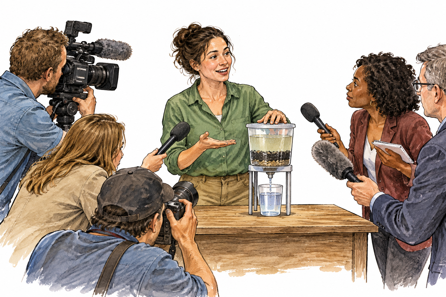 A local inventor is surrounded by press cameras and microphones as reporters pay attention to her invention, a simple small water filter on a table.