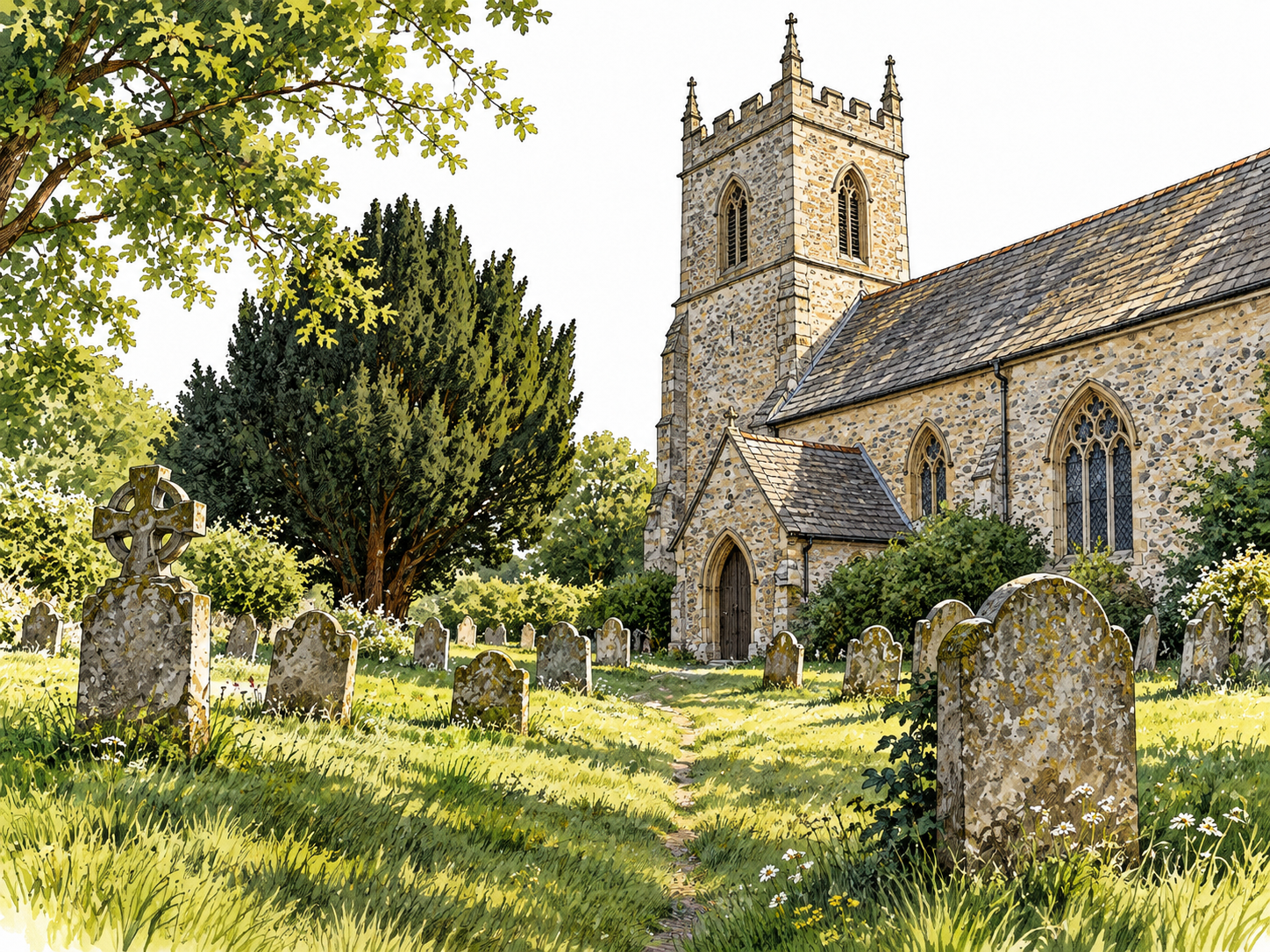 Grassy churchyard with old gravestones beside church.