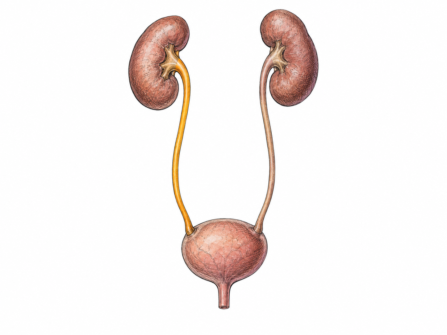 An isolated accurate adult urinary-tract anatomical vignette: two bean-shaped kidneys above, TWO long narrow ureters separately descend to the bladder below, and one short urethra leaves bottom of bladder.