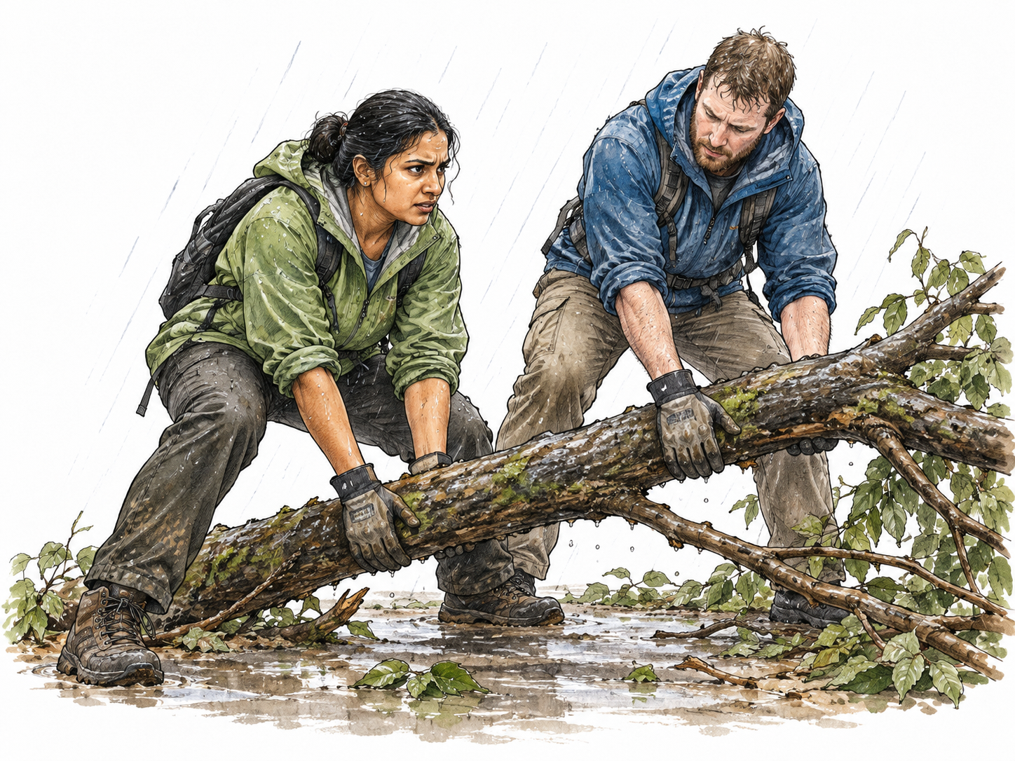 Adult rescue volunteer persists in lifting a heavy fallen branch to clear a path for others in rain, determined face and steady effort, no injury.