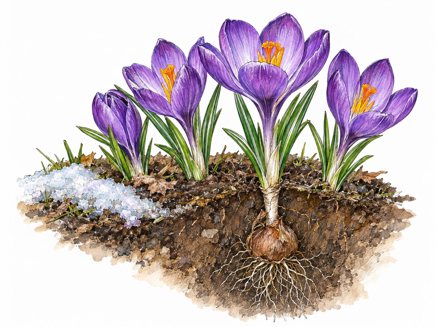 A small cluster of purple spring crocuses emerging beside a remnant of melting snow, with a simple cutaway through the soil revealing one flower's rounded, tunic-covered corm and fine roots.