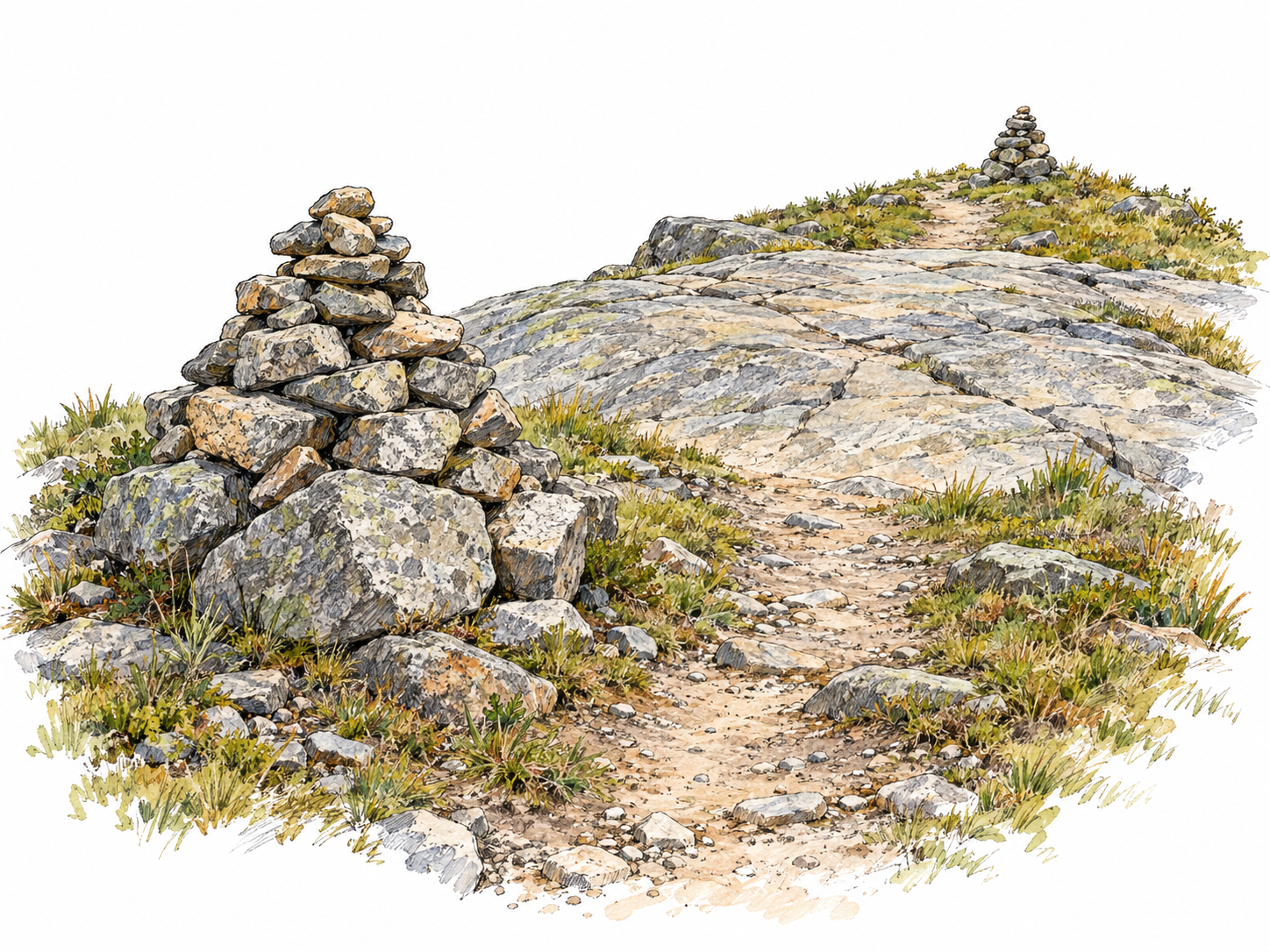 A deliberately built mound of irregular stones marks the continuation of a hiking trail across bare rocky ground, with a smaller cairn farther along the same route.