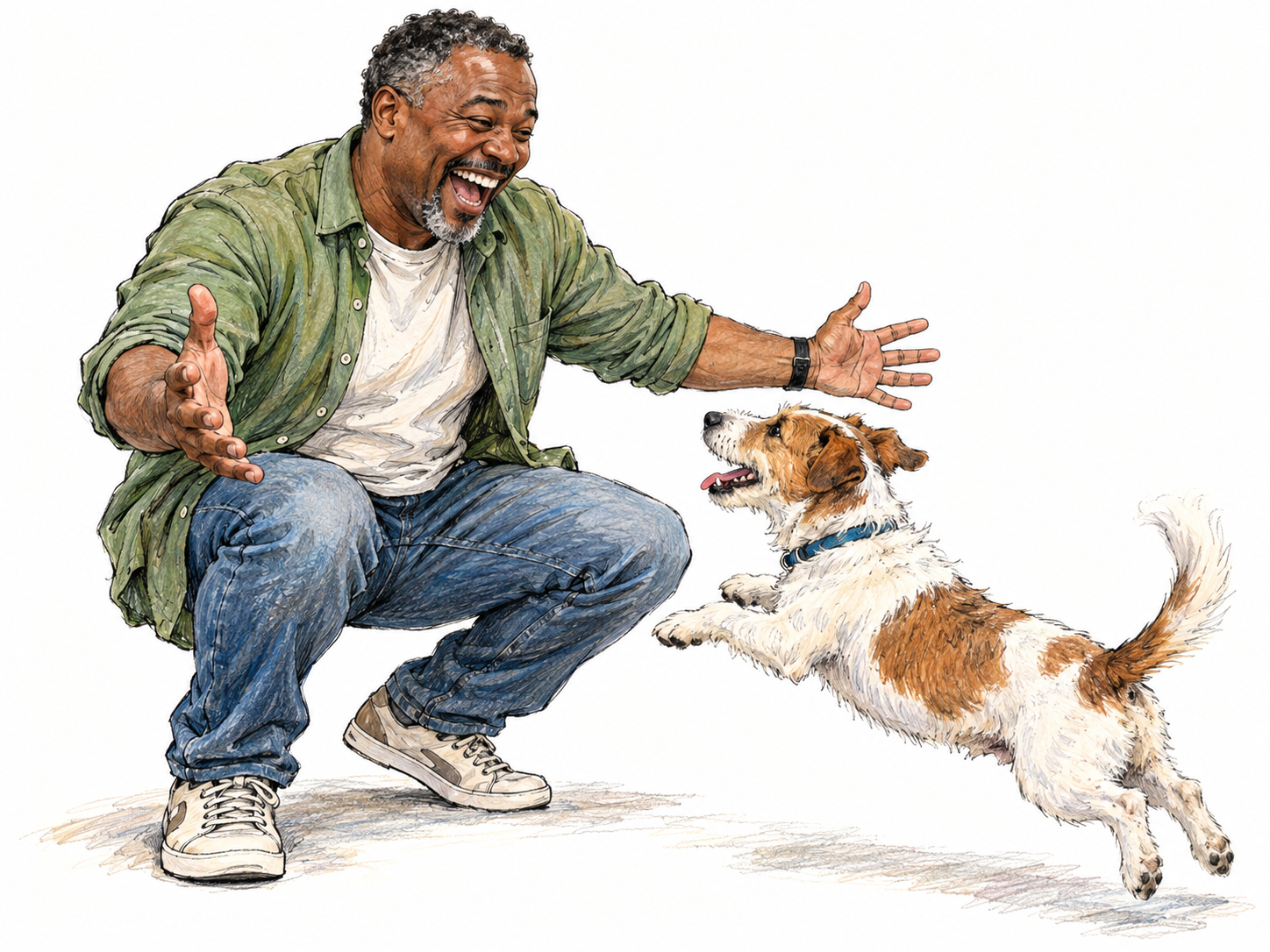 A middle-aged man bursts into delighted laughter as his playful dog leaps toward him, his raised hands and buoyant posture conveying exuberant joy.