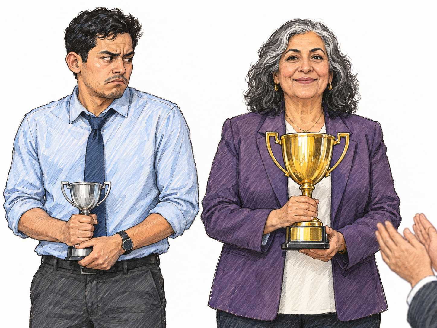 At an awards presentation, a young man grips his smaller silver trophy low against his body while glaring at an older woman's larger gold trophy.