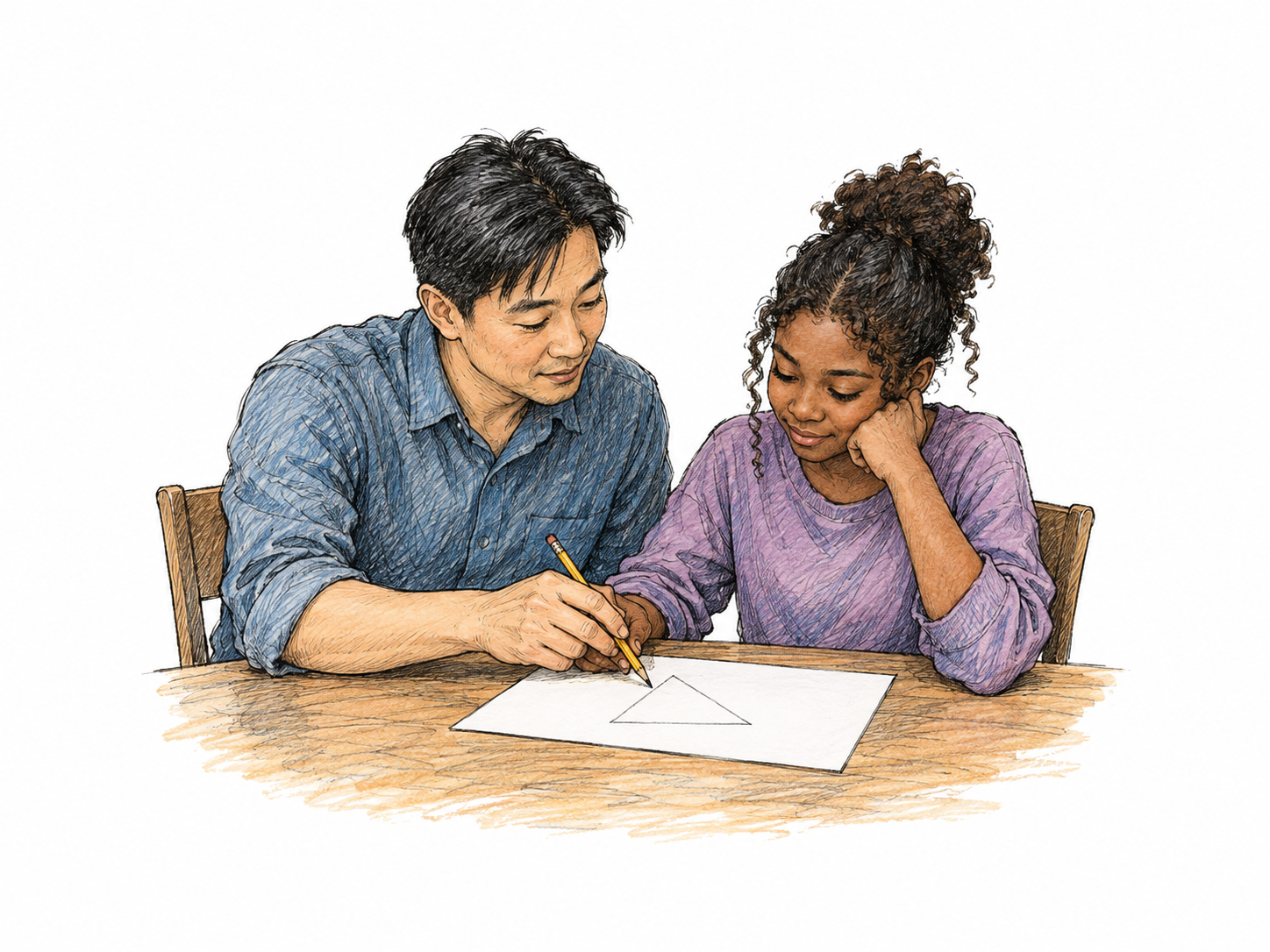 Tutor sits beside student and guides pencil toward a simple triangle on one sheet, one-to-one instruction, no bookshelves or writing beyond diagram.