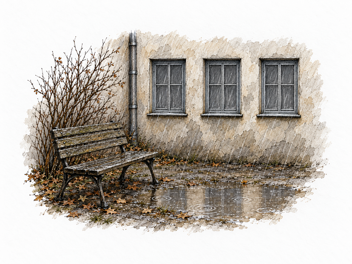 A bleak, rain-soaked courtyard with an empty weathered bench, puddles, a leafless shrub, and a short row of identical closed gray windows conveys a dull, gloomy, depressing place.