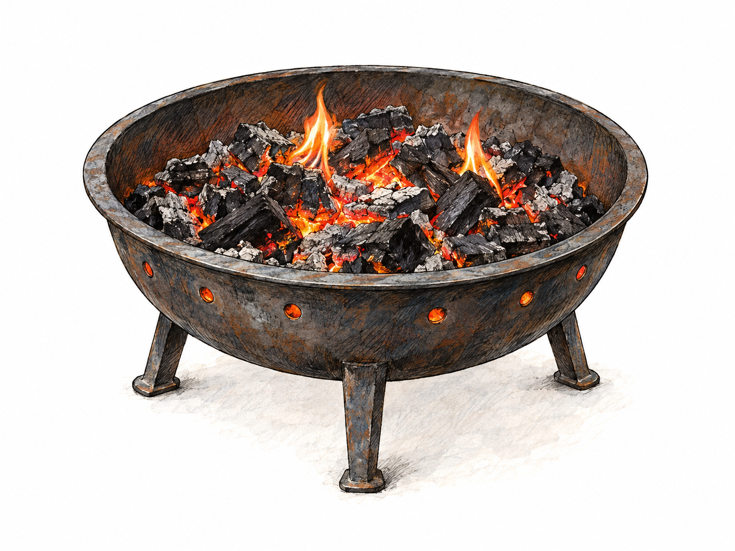 A freestanding iron brazier with an open bowl holding visibly glowing charcoal, its metal rim, ventilation holes, and short supporting legs clearly shown.