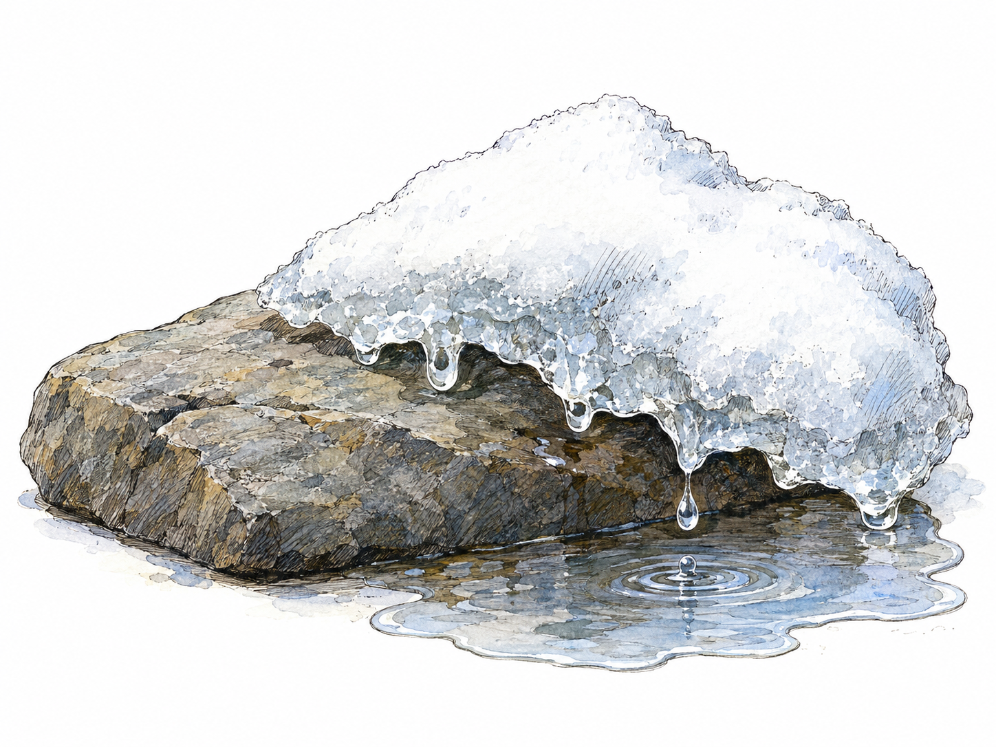 A small patch of snow and ice visibly thawing on a bare stone: softened edges release droplets into a shallow meltwater puddle.