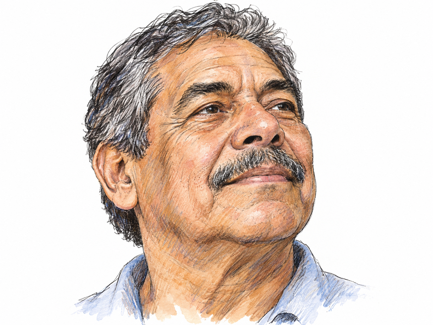 A close-up editorial portrait of an older Latino man, with his head tilted slightly back and turned a little to one side so the two openings of his nose are clearly visible, emphasizing the nearer nostril.