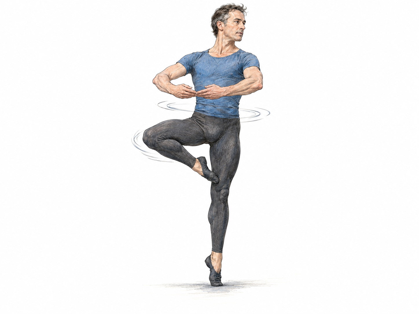 A male ballet dancer turning rapidly on one supporting foot in a clear retiré position, with restrained curved motion strokes distinguishing the spin from a static balance.