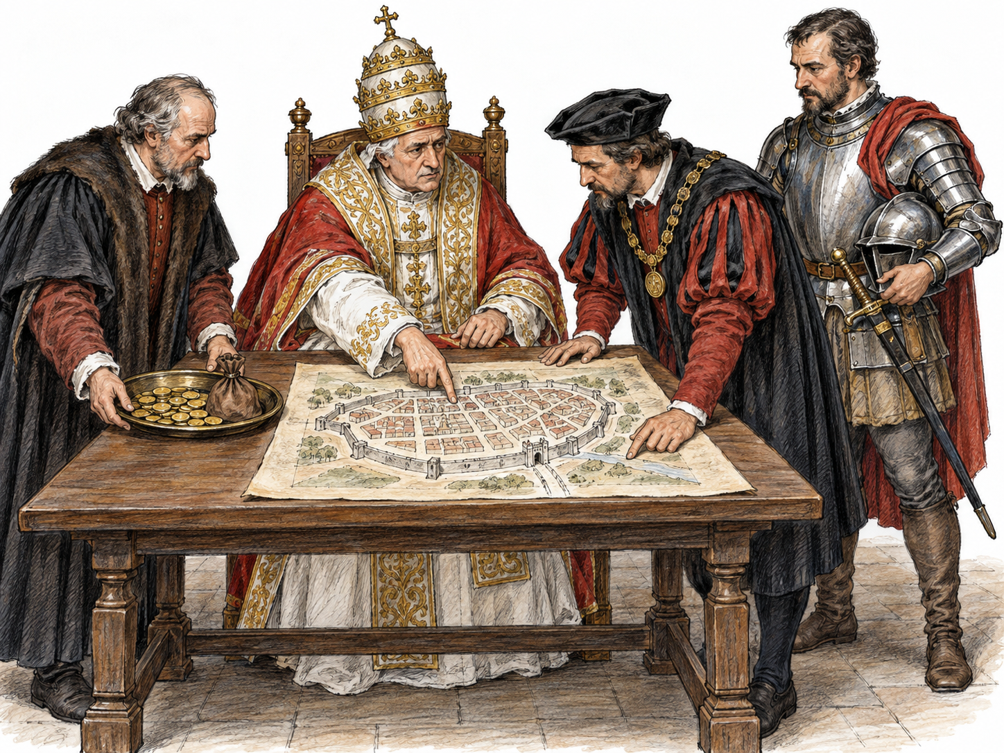 An early-sixteenth-century papal ruler exercises civil authority in the Papal States: wearing the papal tiara, he directs a municipal official over a town plan while an armored officer stands under his authority and a civic treasurer presents tax money.