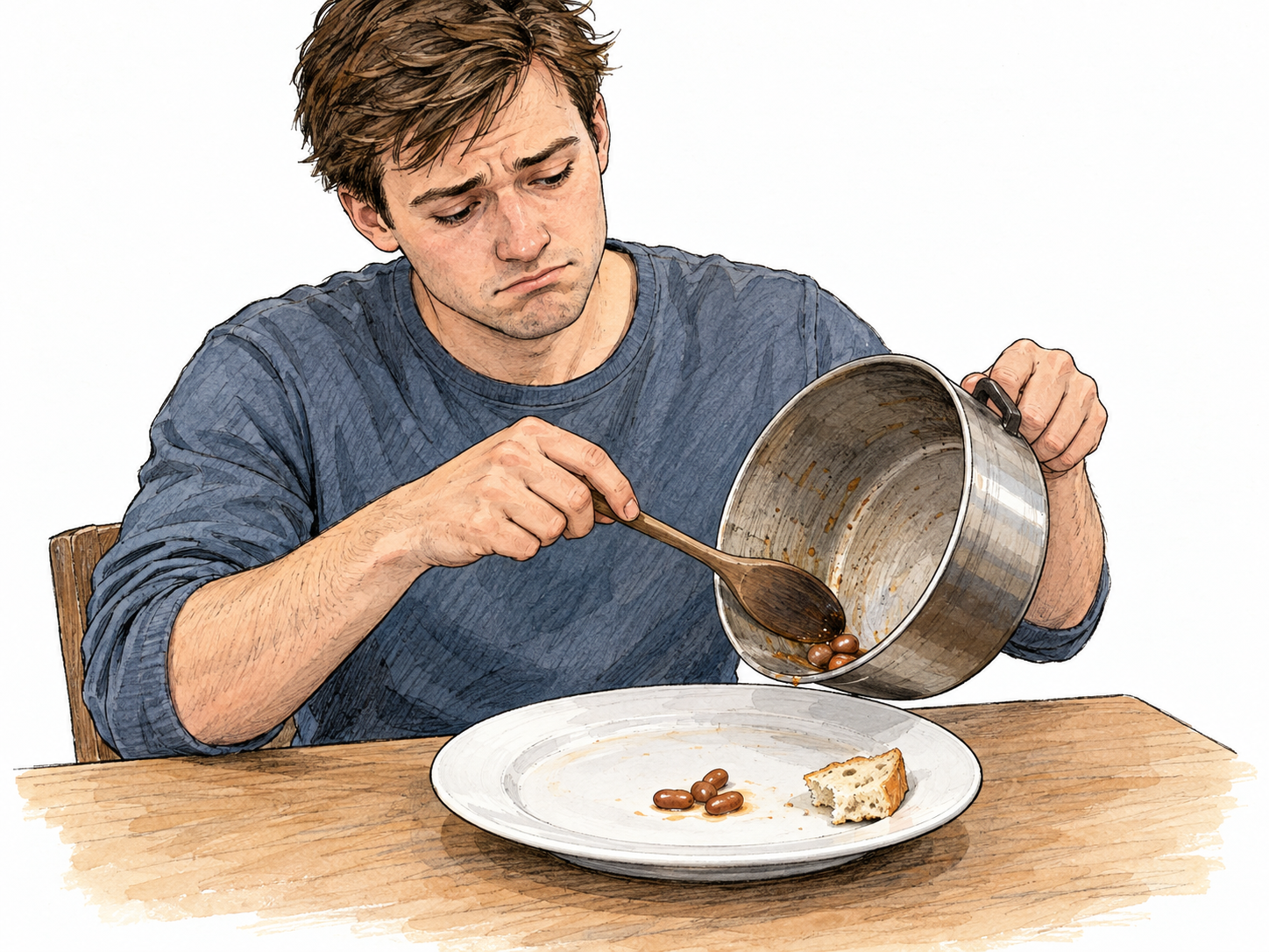A diner faces a plainly inadequate meal: only a few beans and a tiny piece of bread on a full-sized dinner plate, with the emptied cooking pot tilted beside it.