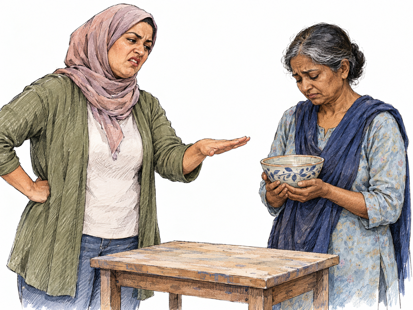 At a minimally furnished modern workspace, a middle-aged Middle Eastern or North African woman belittles an older South Asian woman's work with a sneering expression and a dismissive gesture toward her handmade ceramic bowl.