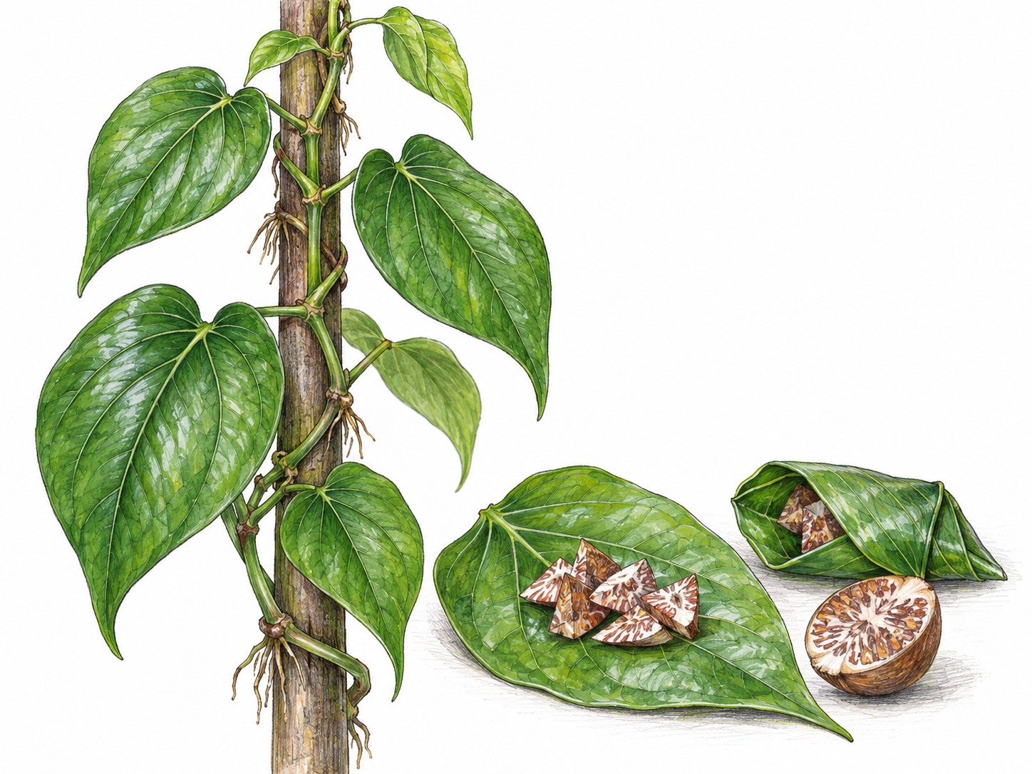 A botanically recognizable betel vine climbing a simple support, paired with a freshly picked leaf holding sliced areca nut to connect the plant to its characteristic use.