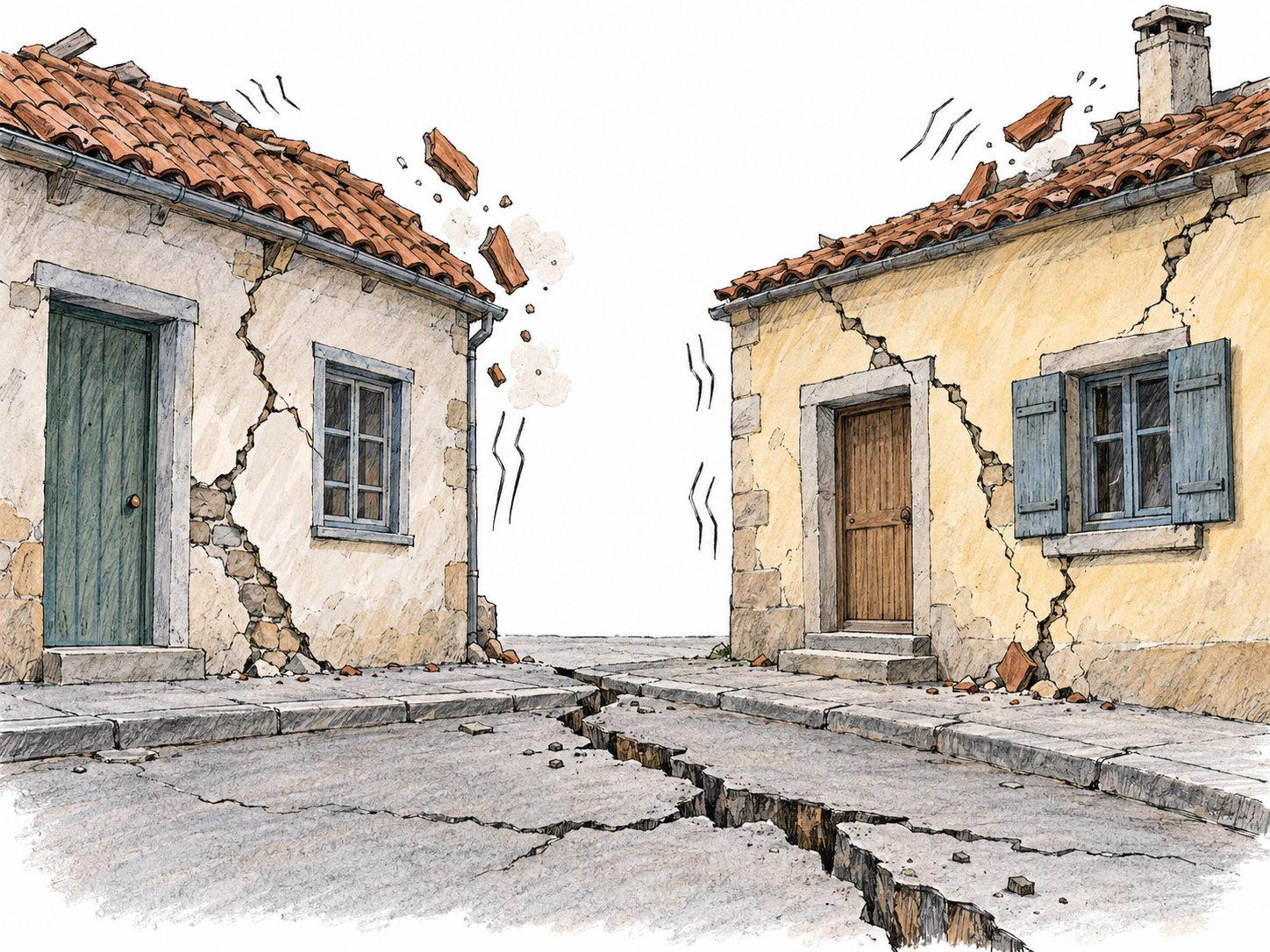 A small unoccupied street jolts during an earthquake: a jagged ground fissure offsets the pavement, adjacent buildings develop fresh diagonal cracks, and loose roof tiles fall.