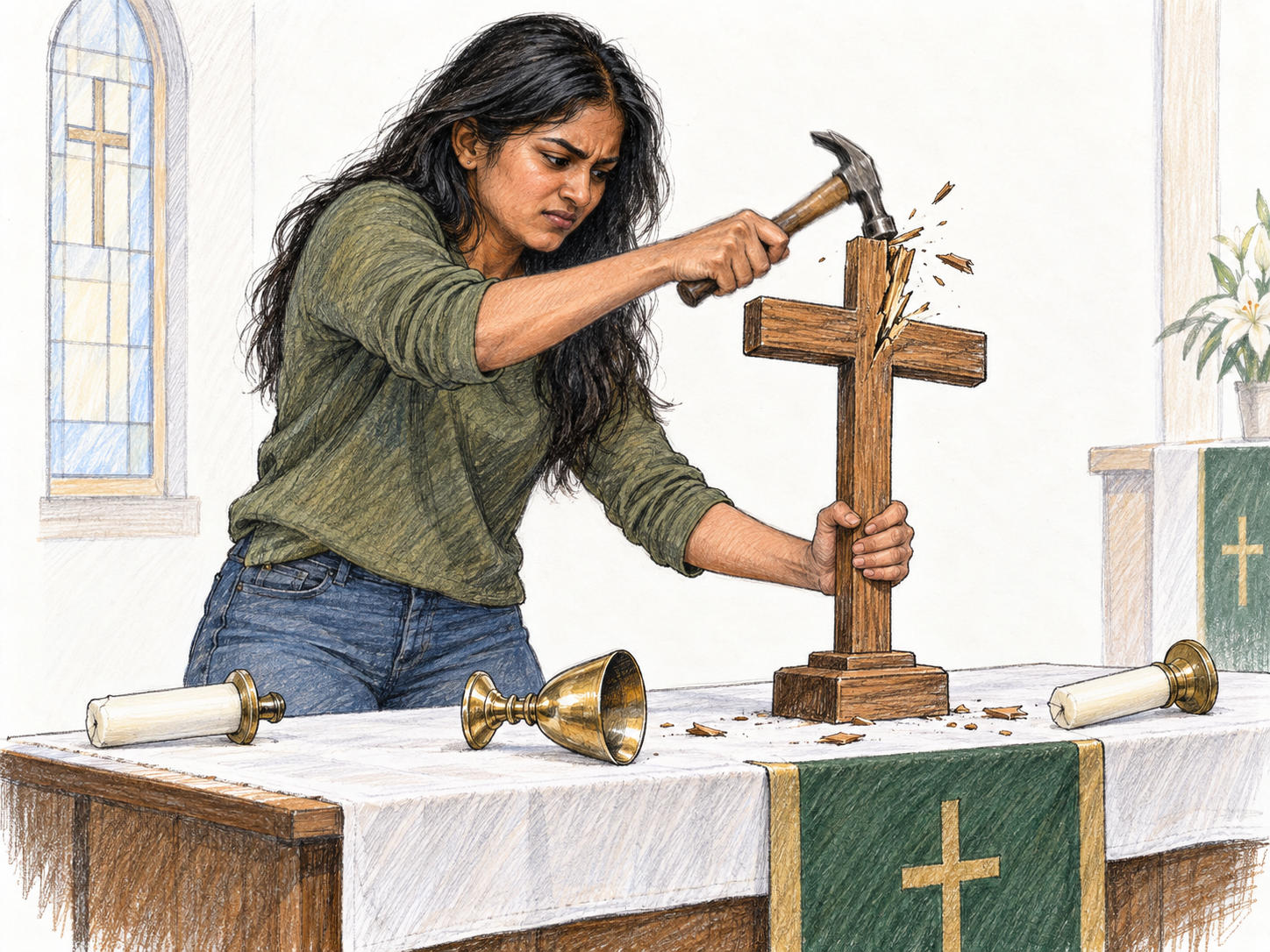 Deliberate desecration: a vandal strikes a wooden altar cross with a hammer beside an overturned chalice and scattered candles.