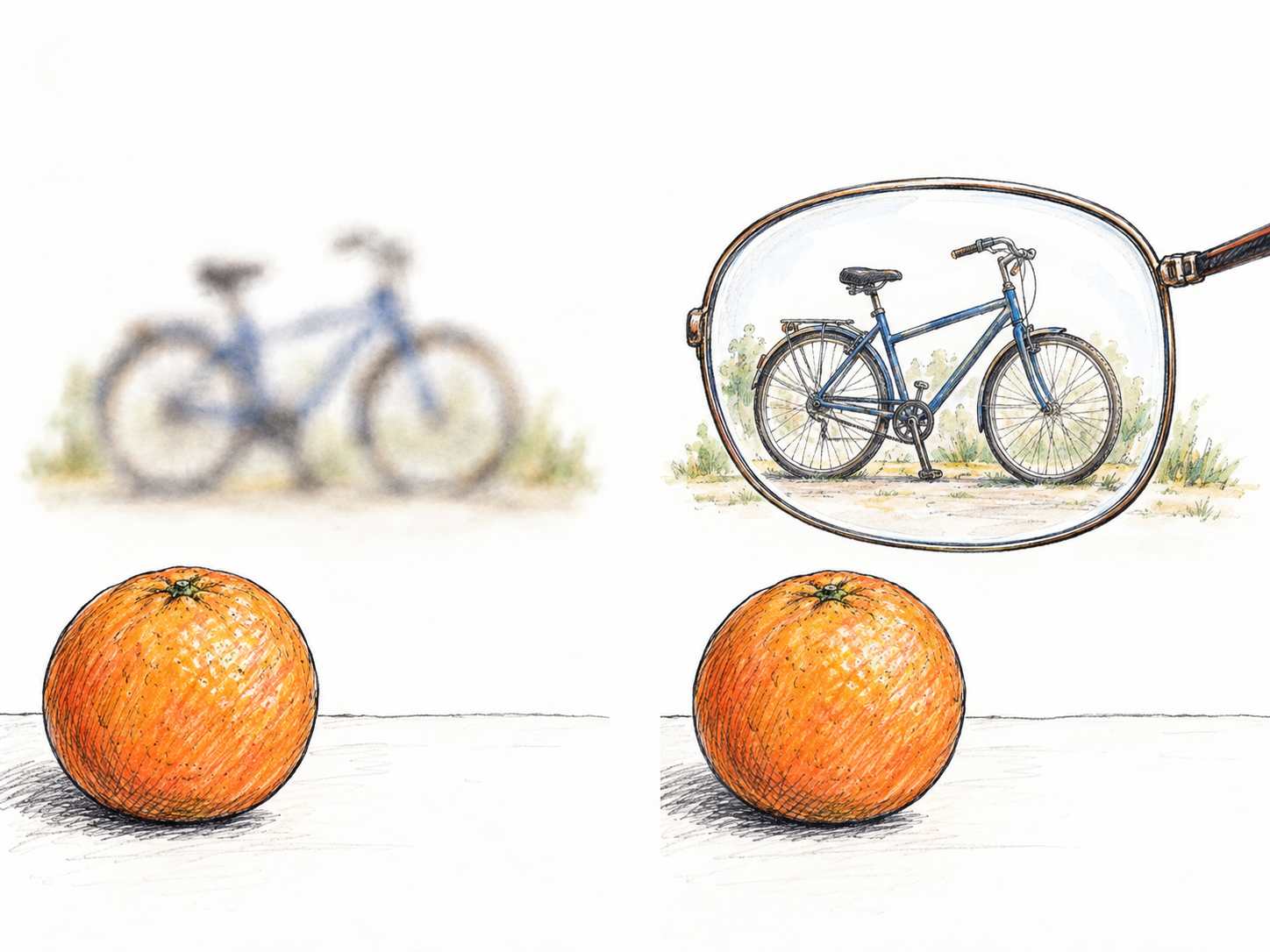 Literal myopia shown by a compact comparison of the same view before and during correction: a nearby orange stays clear, while a distant bicycle changes from indistinct to clear through one corrective lens.