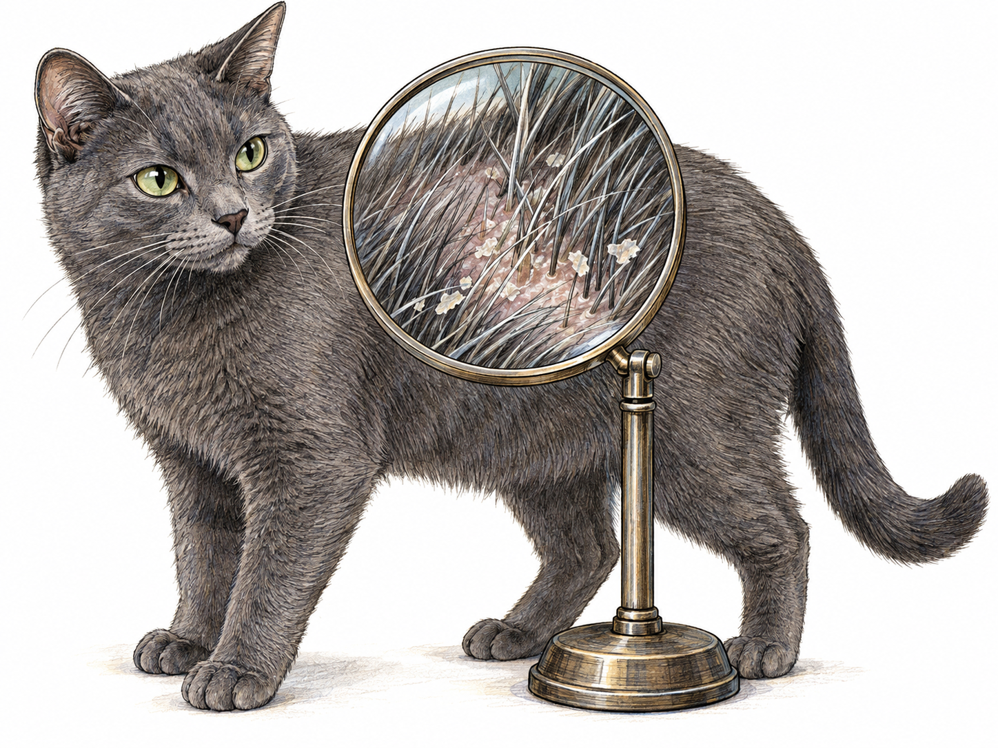 A cat with a large optical magnifier revealing tiny irregular skin flakes among its fur and lifting away from the skin; the magnified detail distinguishes dander from shed hairs.