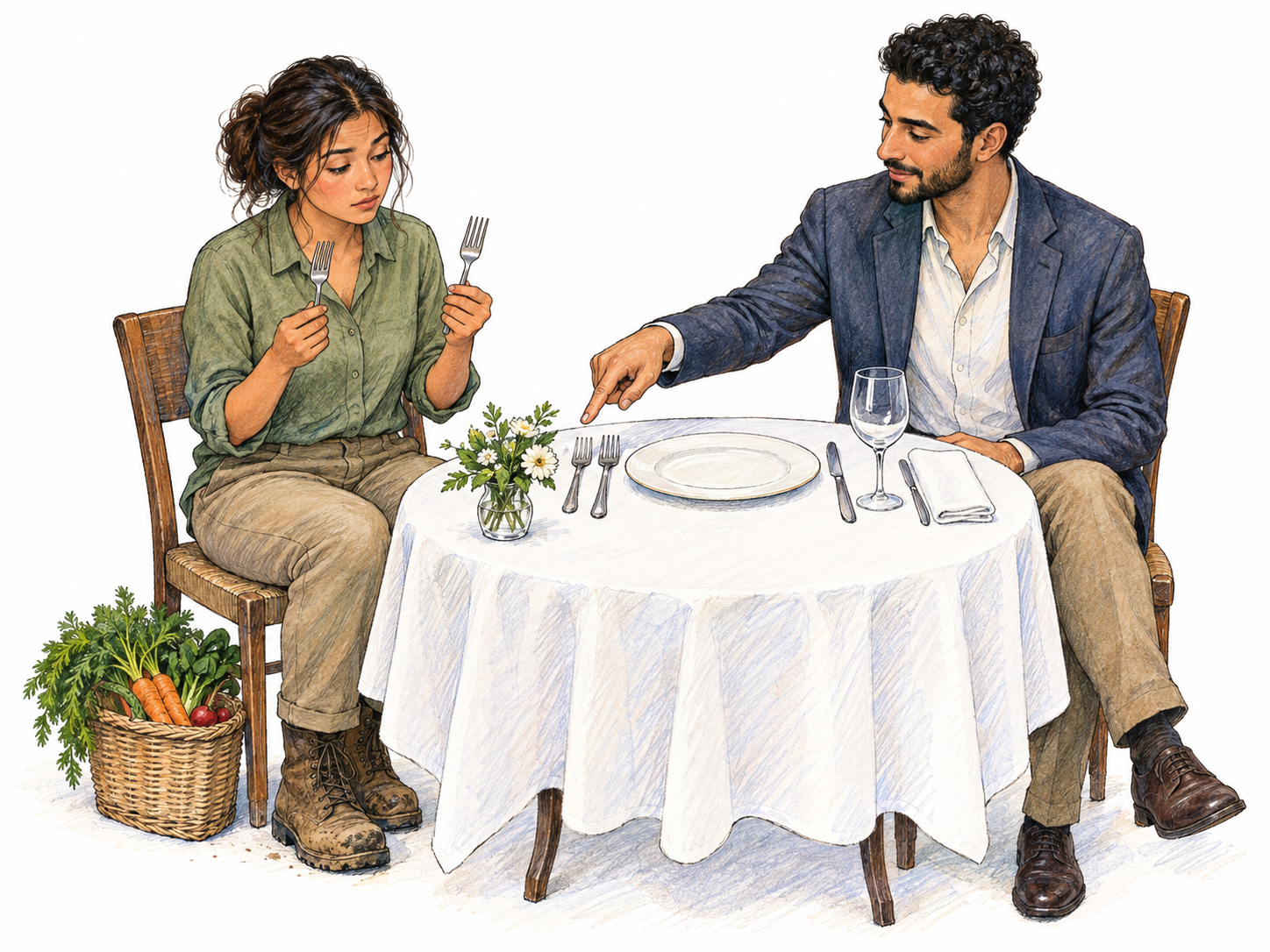 A young rural visitor at a formal dinner hesitates over several unfamiliar utensils, holding two different forks while her host gently indicates the appropriate one.