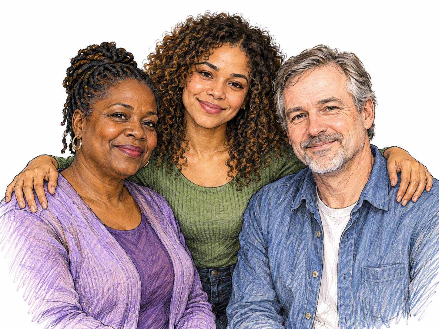 An adult daughter stands warmly between her two parents, one hand on each parent's shoulder; natural family resemblance and individual features, no labels or exaggerated racial cues.