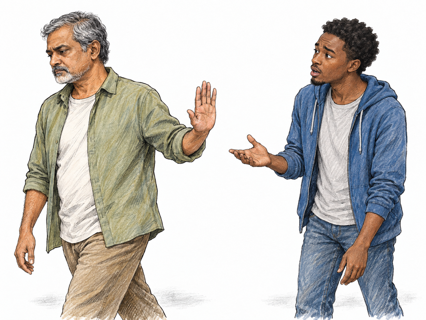 An older man abruptly ends a conversation with a curt raised palm and turns away, leaving a younger man surprised and still mid-gesture.