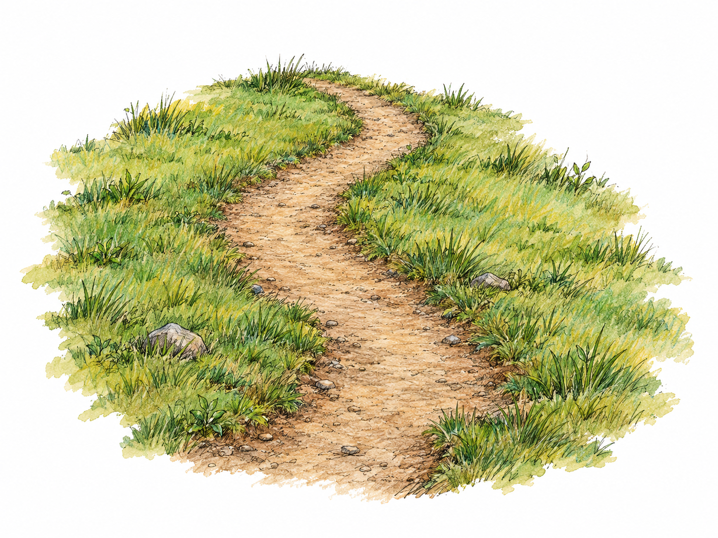 A clearly worn footpath curves through a small patch of low grass, with its bare, compacted surface visibly distinct from the vegetation on either side.