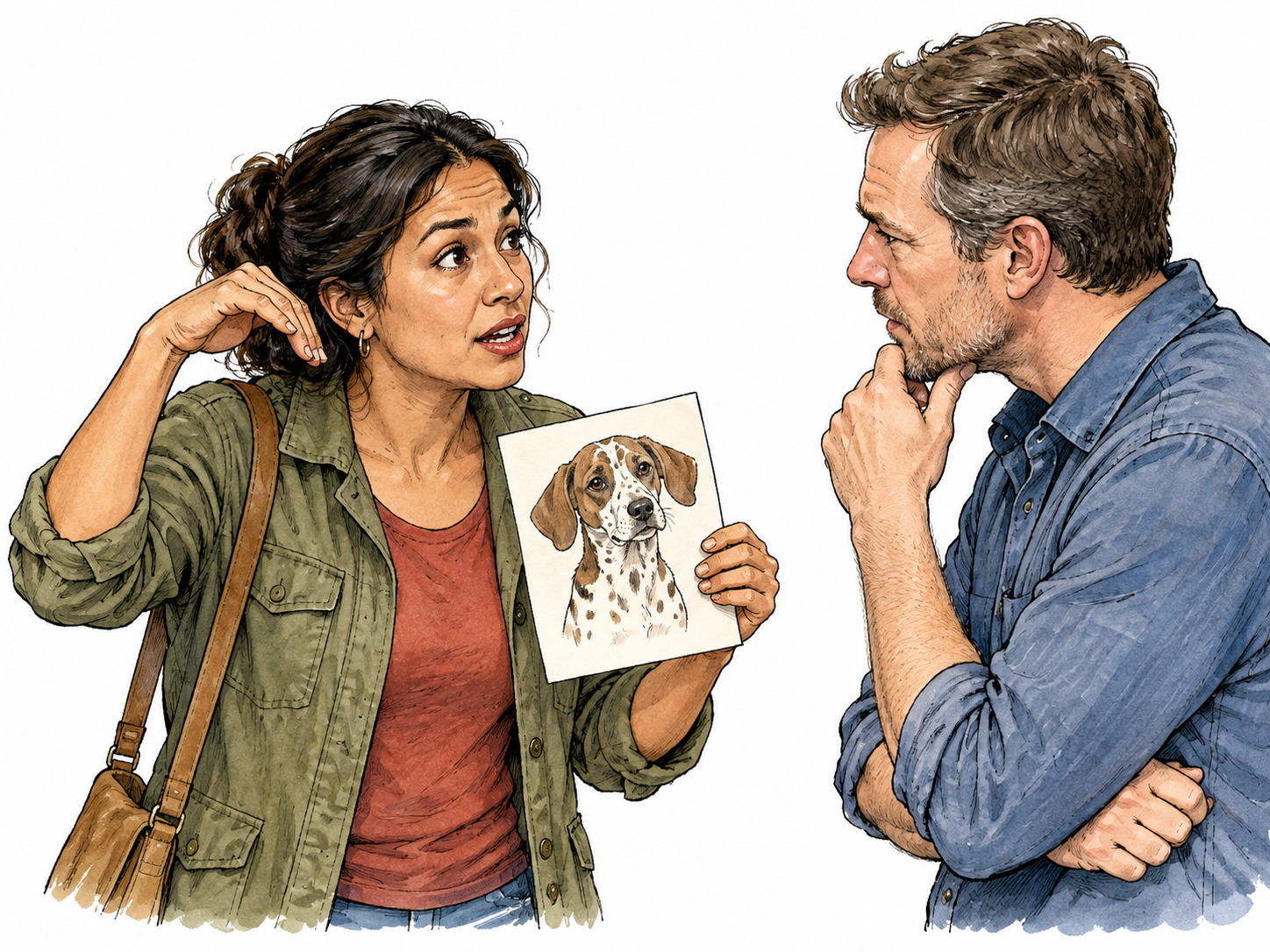 A woman describes a missing dog to a listener using expressive gestures while showing a small drawing of its floppy ears and distinctive spots, no written description.