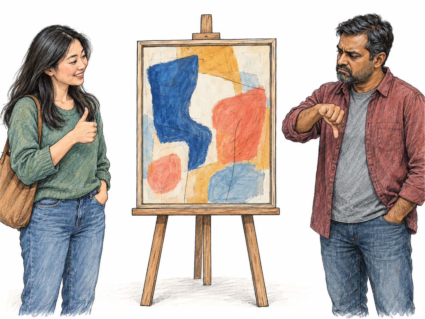 Two viewers visibly disagree in their appraisal of the same abstract painting: one smiles appreciatively with a thumbs-up, while the other frowns and gives a thumbs-down.