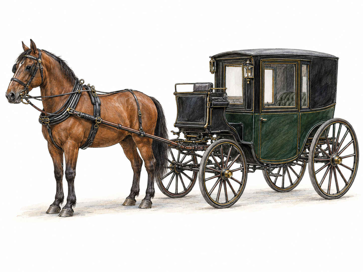 An isolated Victorian brougham hitched to one horse, shown in three-quarter side view so its enclosed passenger cabin, outside driver's bench, and four-wheel construction are clear.