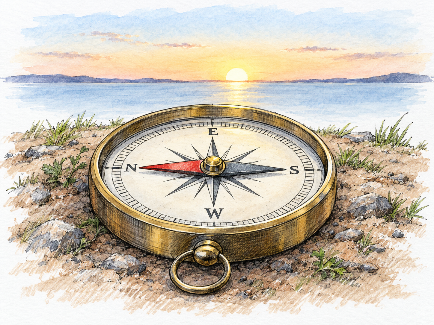 A foreground compass has its east bearing aligned with the low sun at the horizon, making the sunrise a visible direction rather than merely a scenic sky.