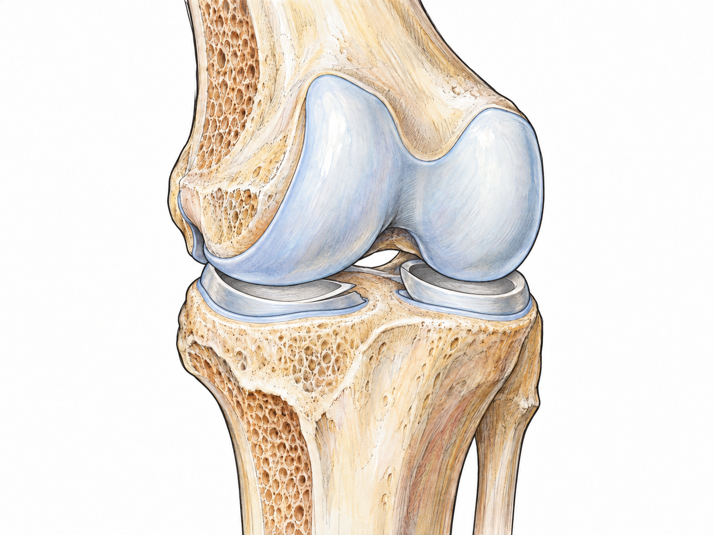 A close anatomical cutaway of a healthy knee joint, emphasizing the smooth cartilage caps cushioning the opposing ends of the femur and tibia.