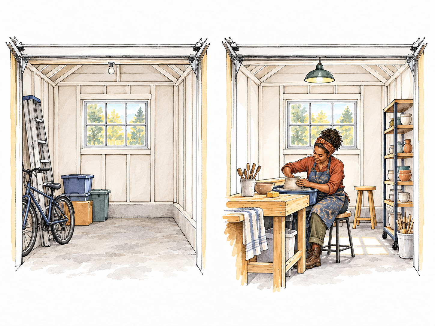 Two side-by-side stages show an unused small garage becoming a comfortable pottery studio, same recognizable room and window, with adult Black woman working at the newly installed workbench.