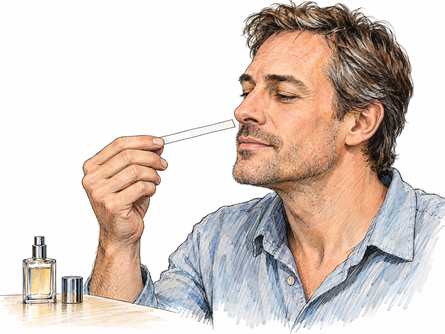 A man takes a delicate sniff of a narrow perfume-testing strip, suggesting a small, fleeting sample of scent rather than an overpowering smell.