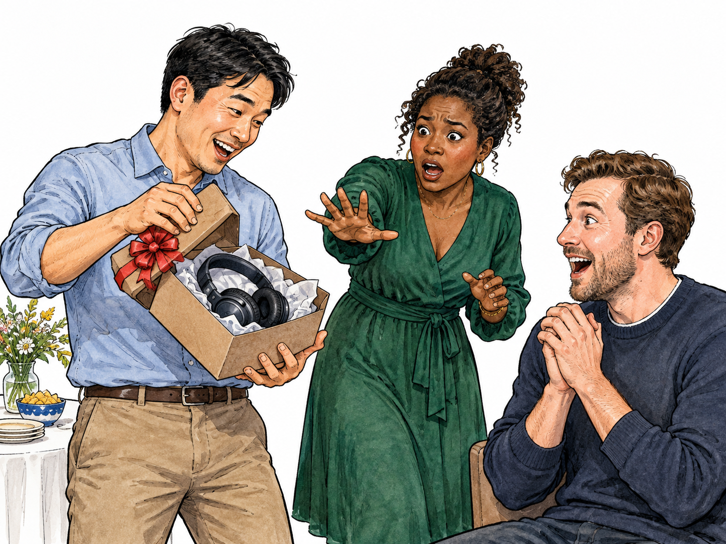At a modern gathering an adult thoughtlessly shows a hidden surprise gift to its intended recipient while the organizer reaches out too late, secret carelessly revealed, no speech text.