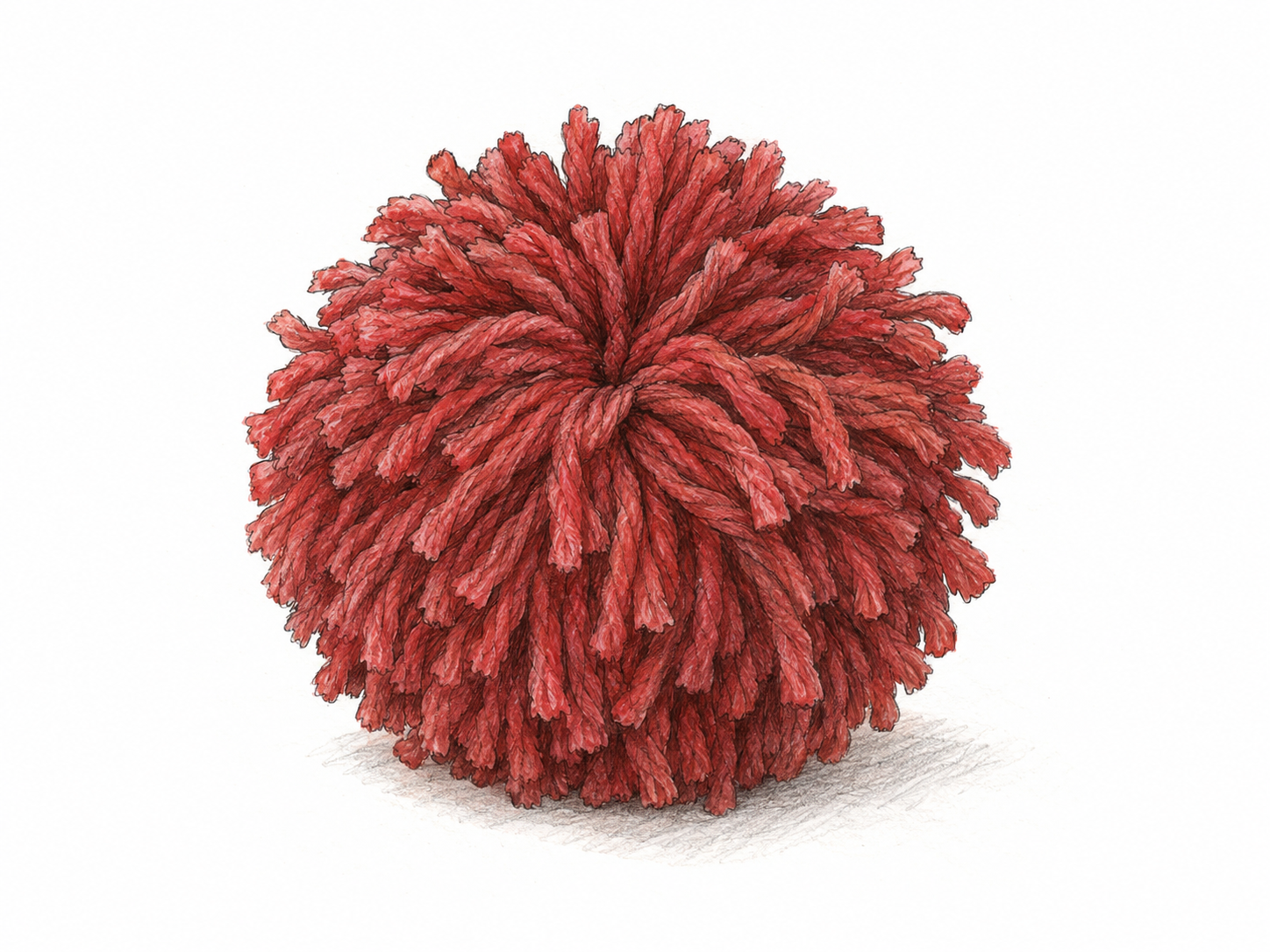A single fluffy red yarn pompom, with loose strands radiating from a tightly gathered center to form a soft decorative ball.