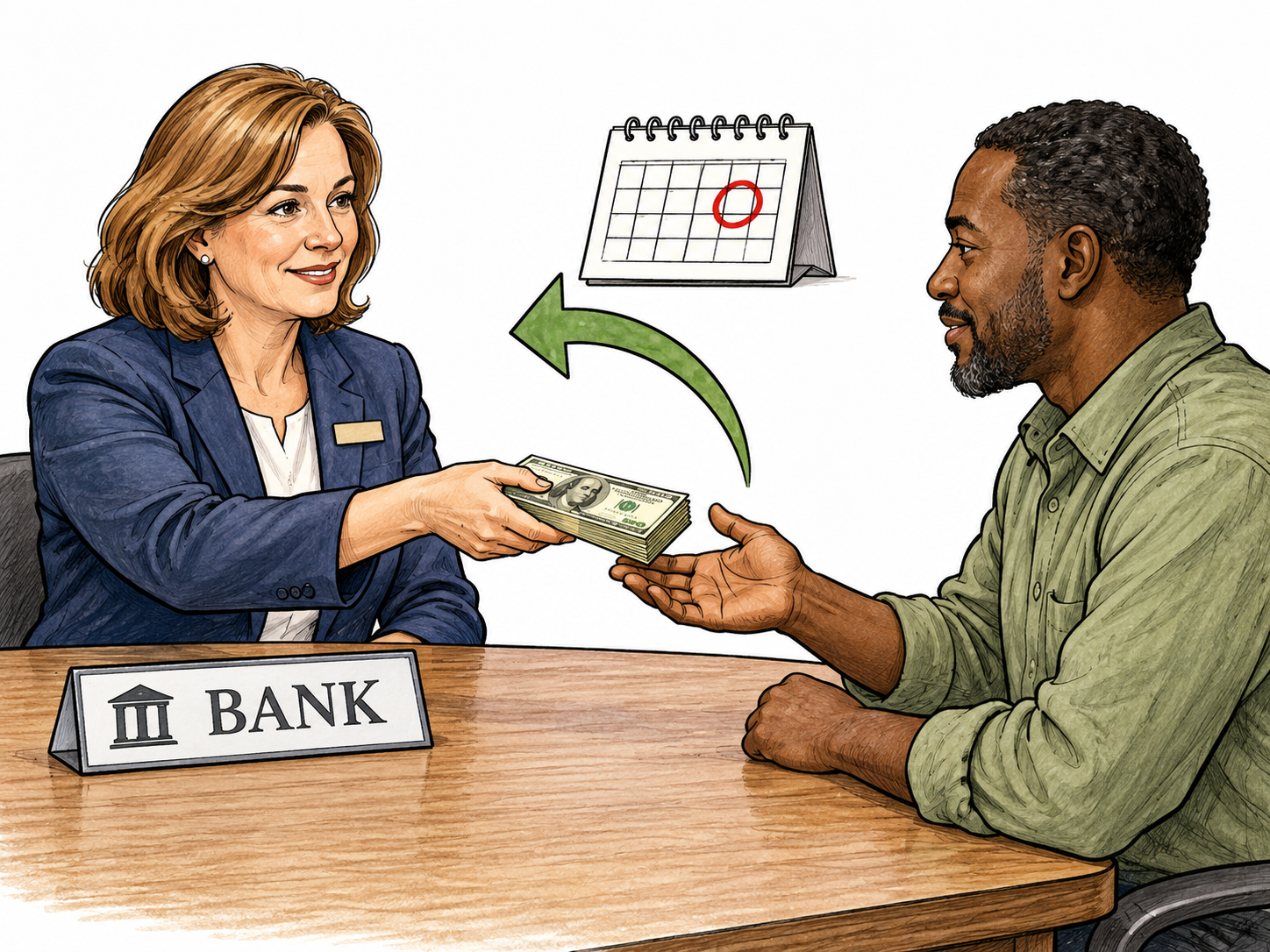 A bank clerk hands a small stack of banknotes to a borrower across a table, with a calendar and return arrow indicating future repayment; no rates or advice.