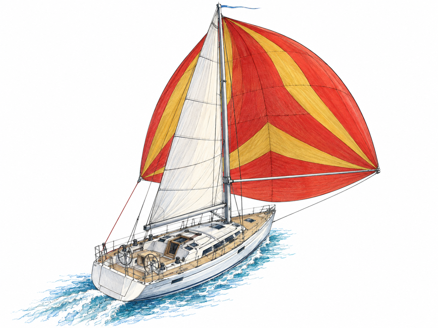 A raised stern-quarter view of a downwind yacht, looking forward past the exposed mast toward a huge red-and-gold symmetrical spinnaker.