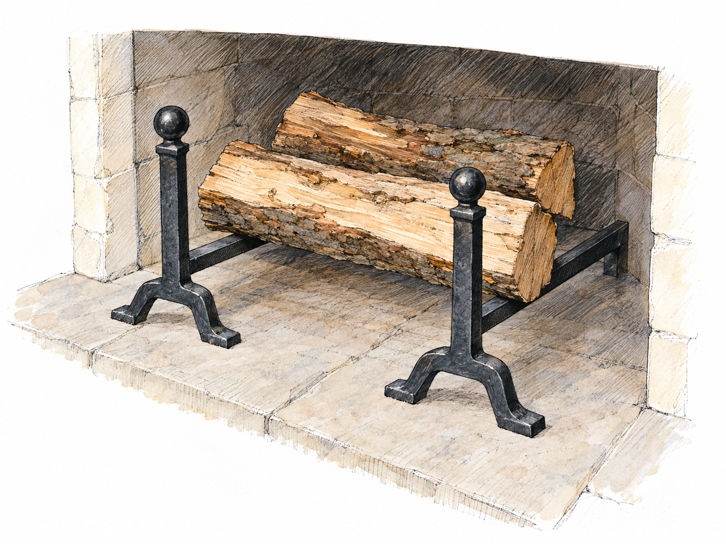 A close three-quarter view of two wrought-iron andirons supporting split logs above a fireplace hearth, with their upright front posts and rearward horizontal support bars clearly exposed.
