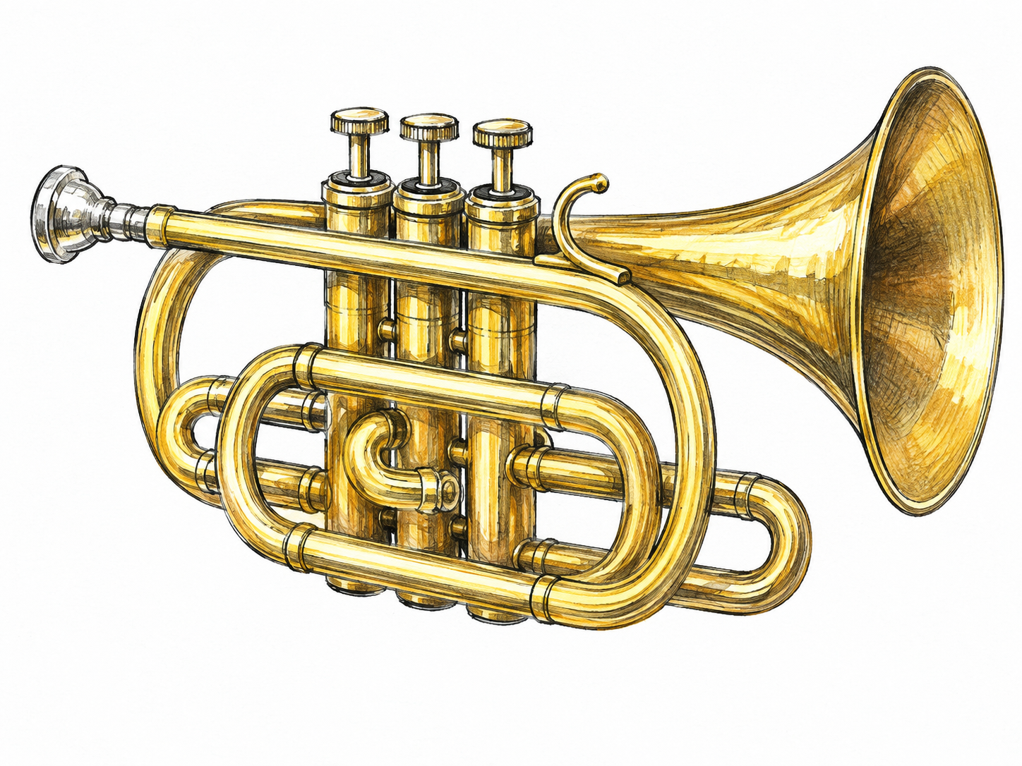 One recognizable short-model brass cornet, compact tightly looped tubing and characteristic shepherds-crook bend, three piston valves and short mouthpiece, flared bell.